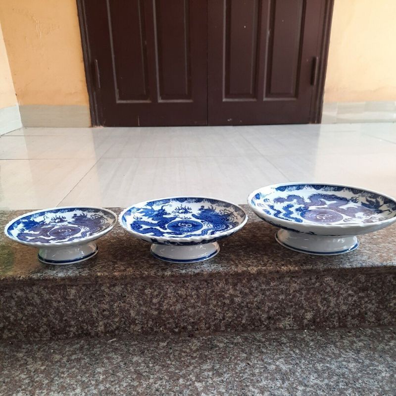 Mâm bồng đựng đồ cúng vẽ rồng nhiều size.Hàng sứ Bát Tràng.