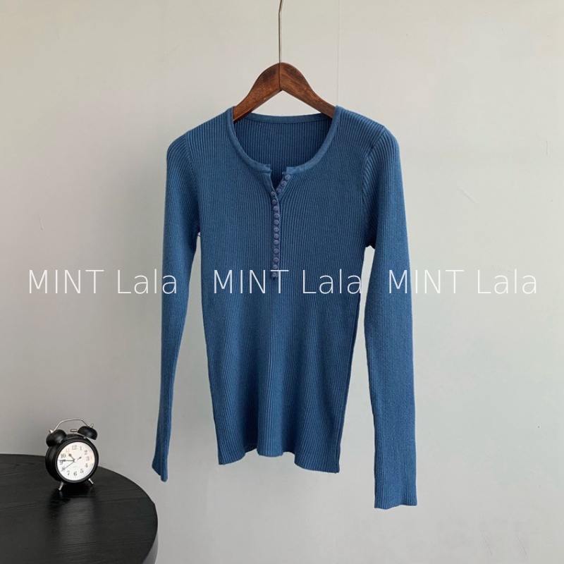 Áo Len Nữ Tay Dài Đính Cúc Nhỏ Dáng Ôm Co Giãn Tốt