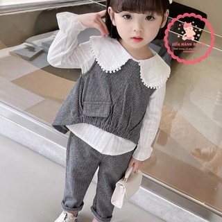 Bộ quần áo trẻ em, set đồ bộ vest sơ mi tiểu thư cổ bèo hoạ tiết caro thời trang thu đông, bộ đồ thu đông cho bé gái