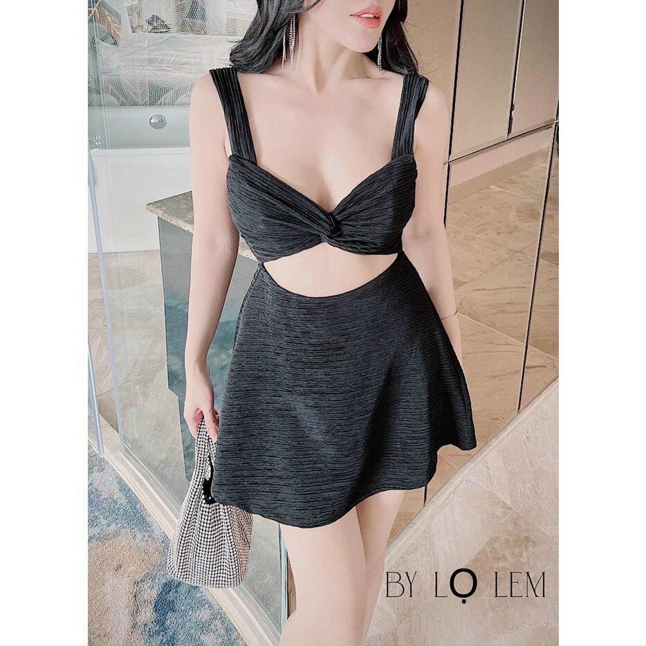 Đầm xốp 2 dây bản vuông xoắn ngực hở bụng xòe nhẹ cực xinh , chất thun xốp dày dặn