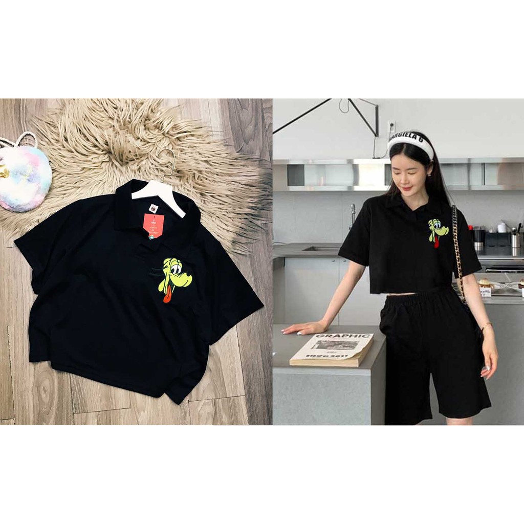 [Mã FAMAYWA giảm 10K đơn 50K] áo thun croptop cổ bẻ sticker bigsize