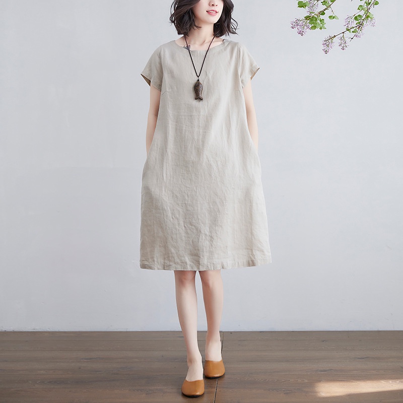 Đầm suông linen tay hến trẻ trung, chất vải linen mềm mát, thời trang phong cách Nhật Bản D84