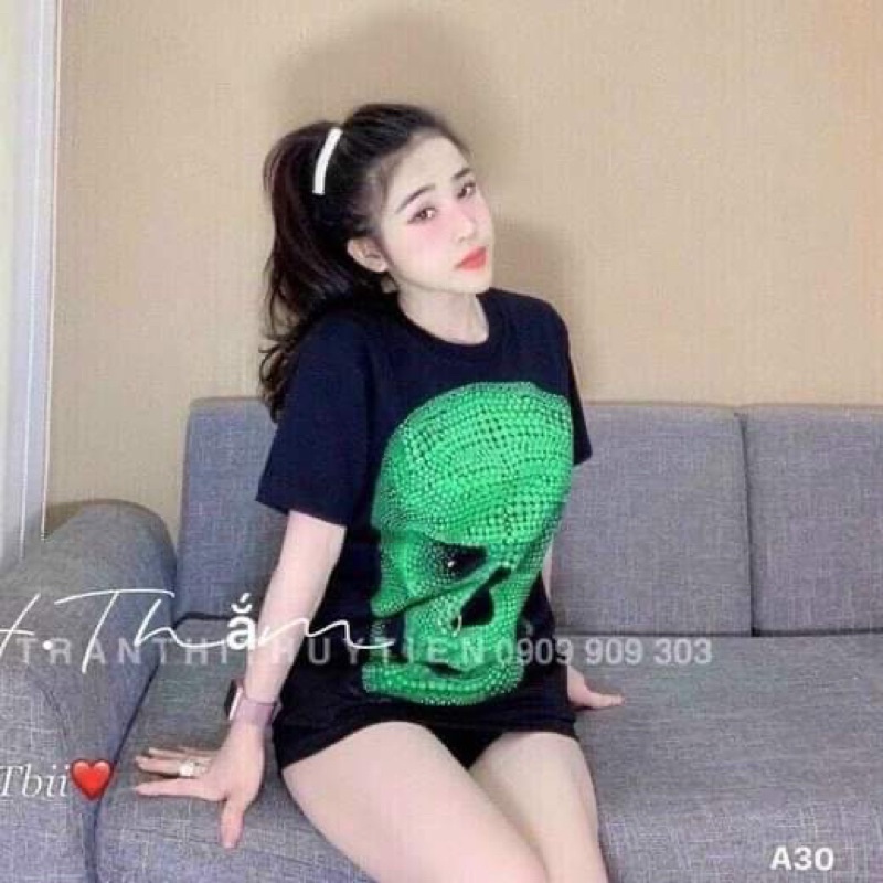 Áo thun nam nữ from rộng đầu lâu xanh