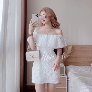 Váy trễ vai tơ gấm xốp trắng