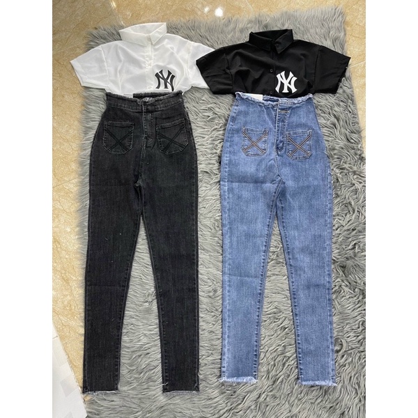 Quần jeans mã 003 lưng tua túi X ôm body lưng siêu cao rách gối JZ0T