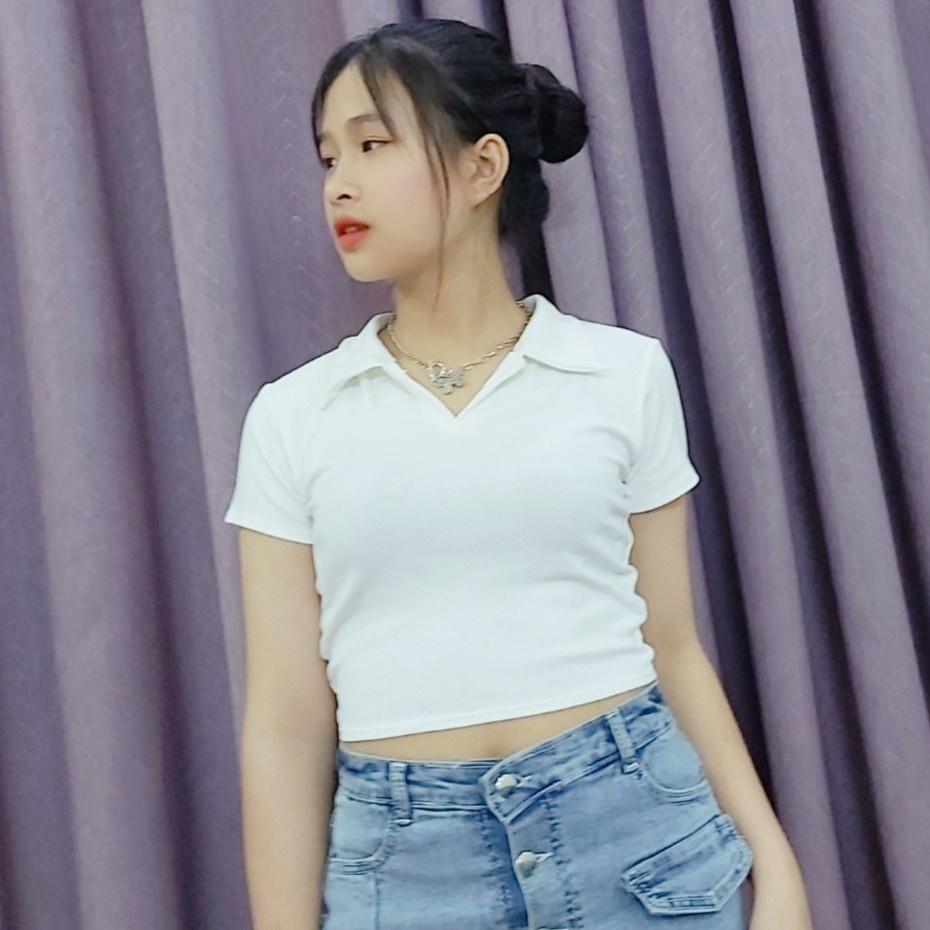 Croptop nữ có cổ polo áo crop cổ tròn unisex dáng ôm cotton - MAC boutique