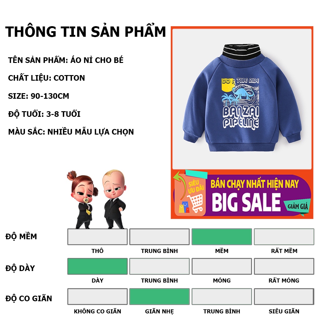 Áo nỉ lót lông cho bé trai WELLKIDS áo nỉ cho bé thu đông cổ lọ họa tiết đáng yêu hàng xuất Âu Mỹ