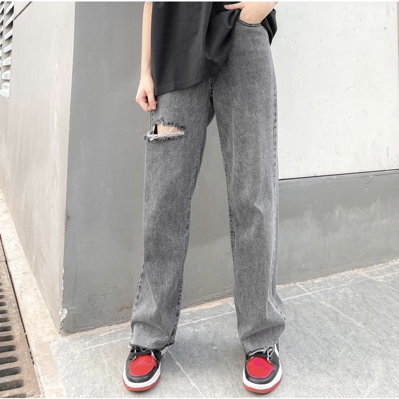 [Ảnh thật] Quần bò nữ loe rách gối 30236 jean ống rộng rách trendy 1969storehue