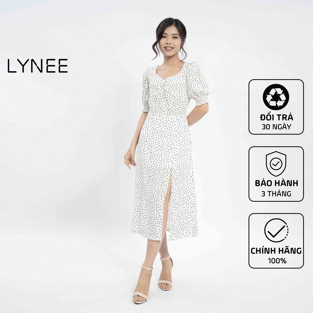Đầm cổ tim tay bồng sẻ tà nhún ngực họa tiết hoa,chấm bi mặc là Xinh LYNEE thời trang dạo phố sang trọng Đ04