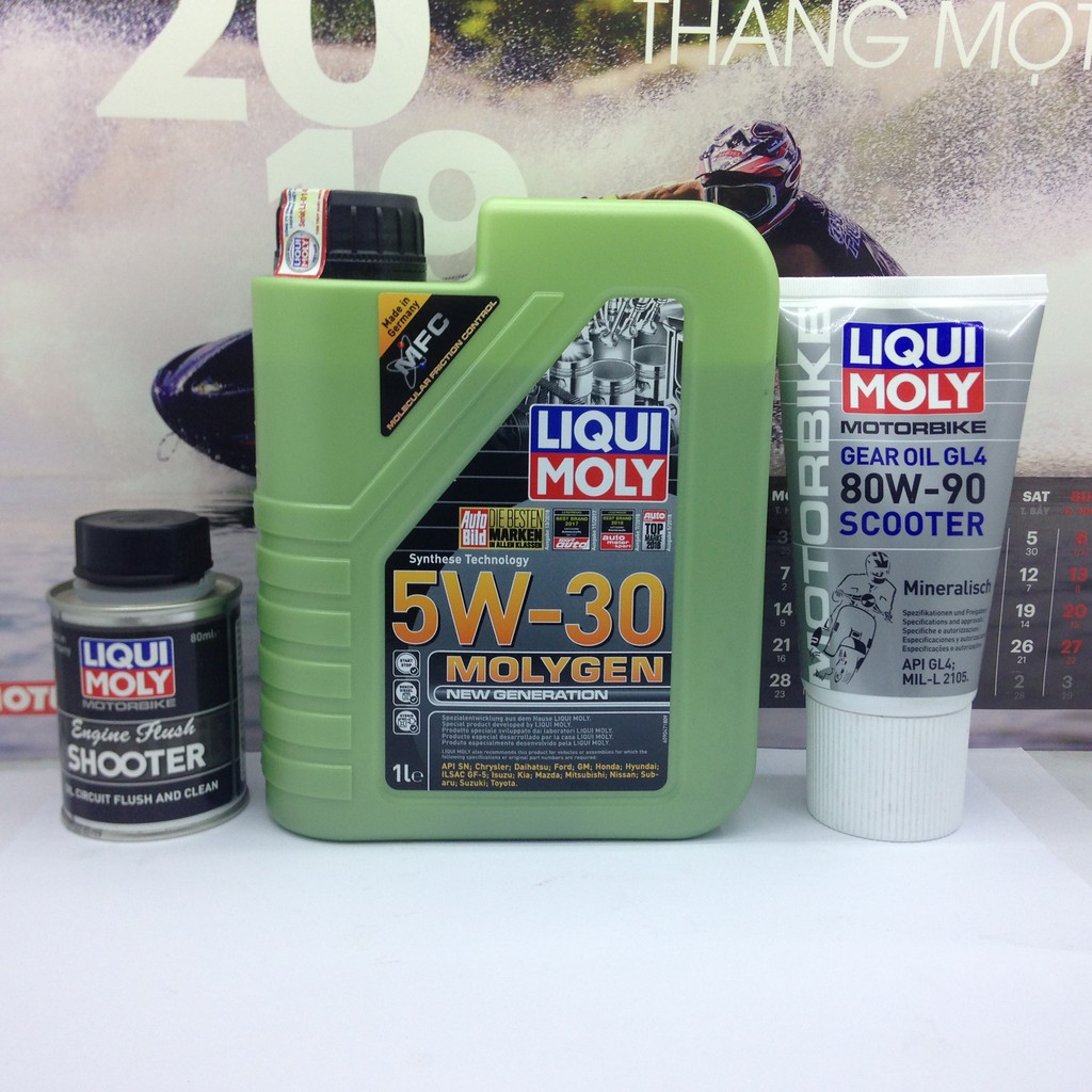 Combo nhớt Liqui Moly 5W30 Molygen, tuýp láp 80W90 150ml và súc động cơ 80ml