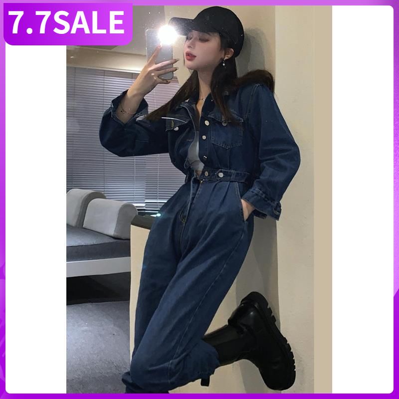 Áo liền quần nữ vải denim thiết kế mới thời trang xuân thu 2021