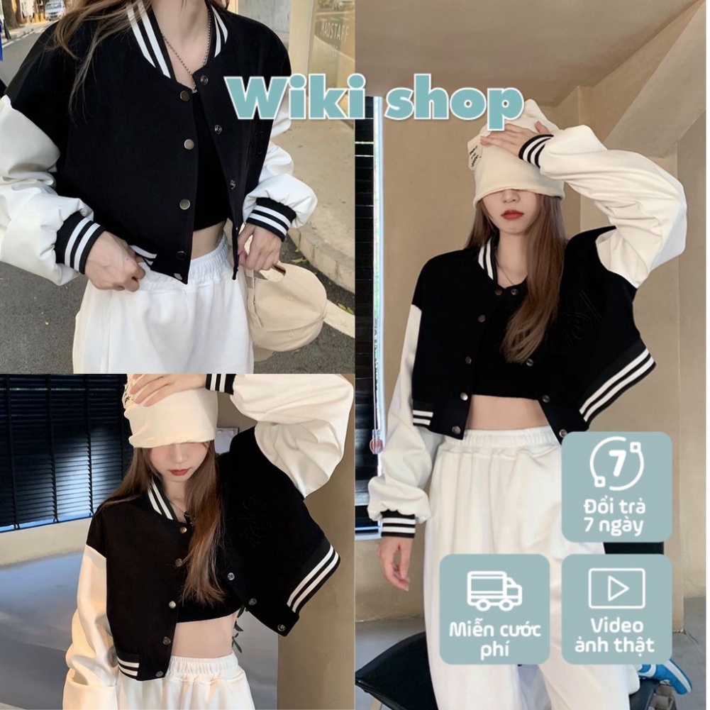 Áo khoác bomber croptop nữ dáng lửng đen trắng Wikishop phom rộng bấm cúc sexy hàn quốc C557 chính hãng