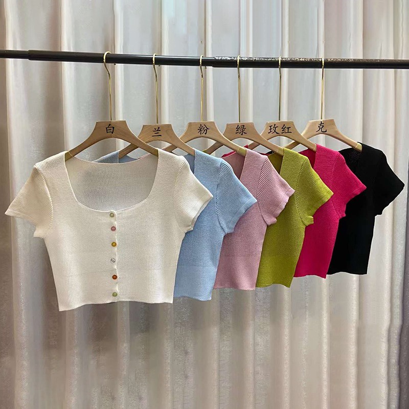 Áo Croptop Tay Ngắn Cổ Vuông Màu Sắc Đơn Giản Phong Cách Hàn Quốc