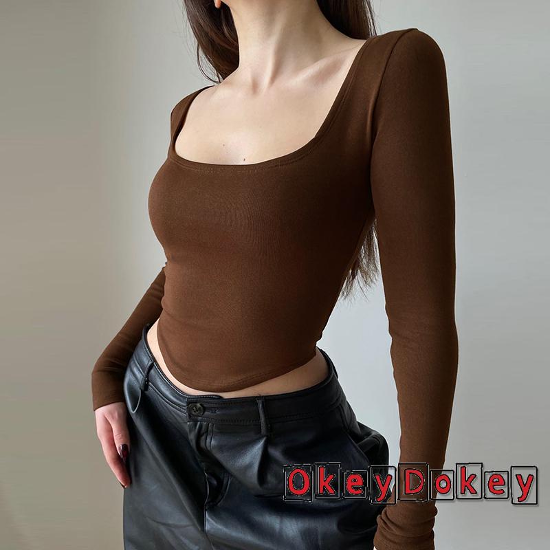 Áo Croptop Cổ Vuông Tay Dài Màu Trơn Dáng Ôm Dành Cho Bạn Nữ