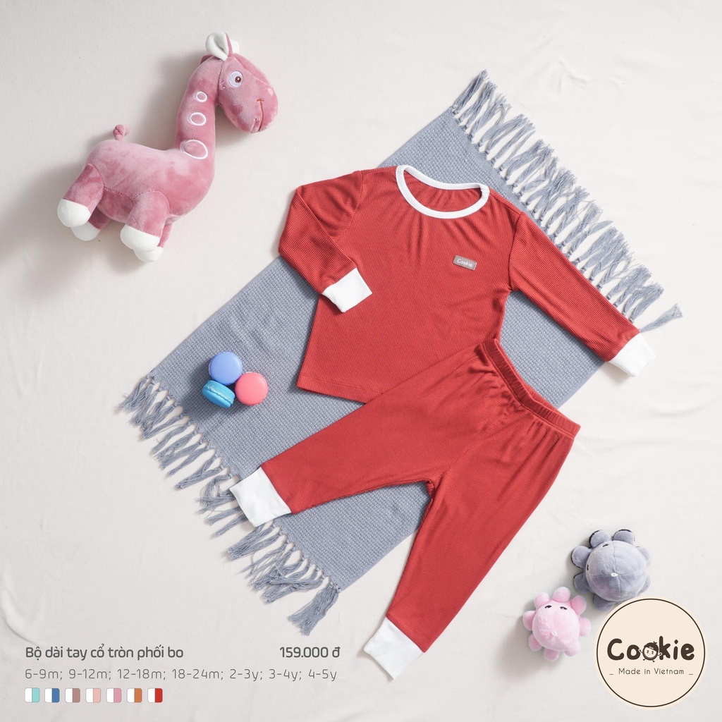 COOKIE Bộ dài tay cổ tròn phối vải tăm tone màu Hàn quốc dễ thương