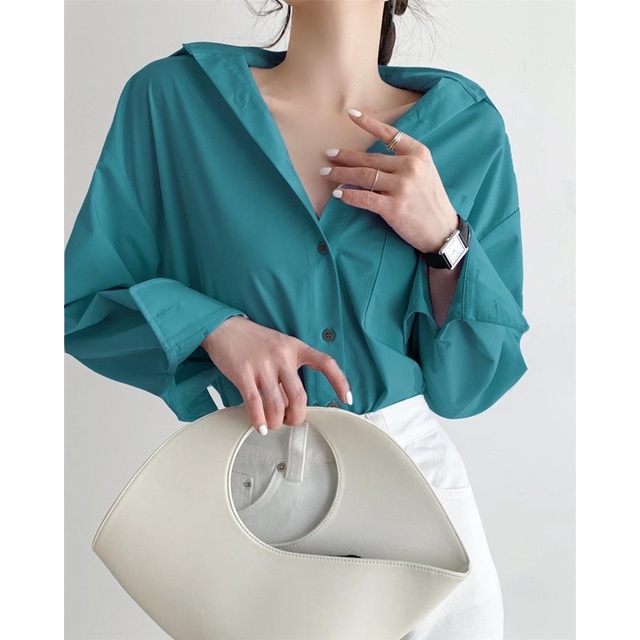 [Mã BMBAU50 giảm 7% đơn 99K] Áo sơ mi nữ lụa xanh dáng dài cổ đức Teal Harriet