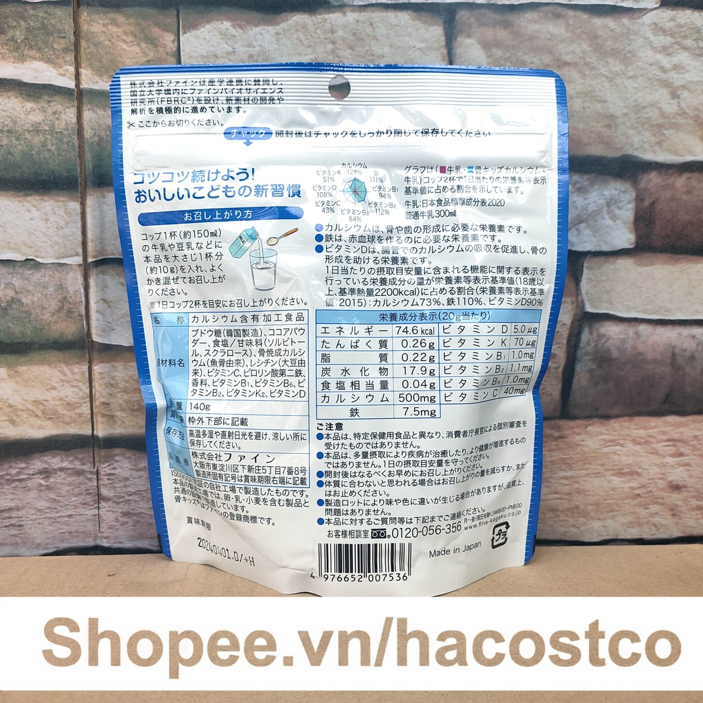 Bột Bone's Calcium for kids túi 140g bổ sung calcium canxi xương cá tuyết Nhật Bản