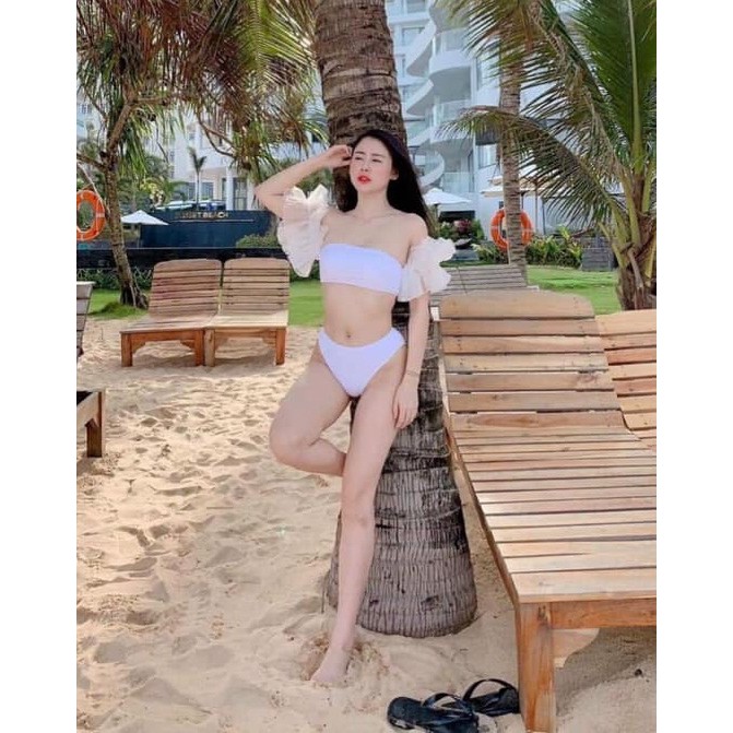Bikini 2 mảnh áo quây tay voan kính xoè đen trắng xinh xắn R10
