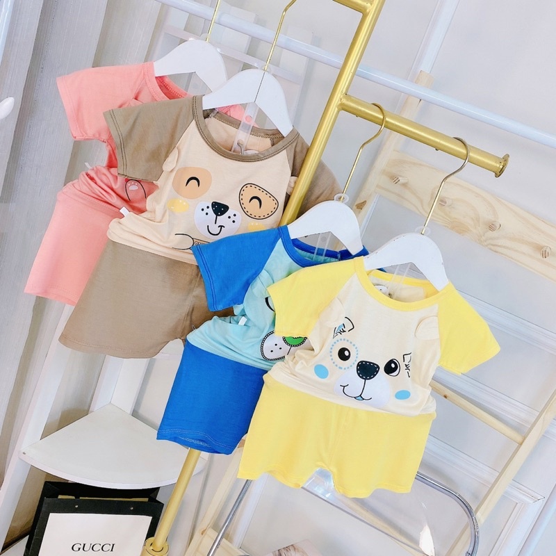 Bộ Cộc Tay Cho Bé Trai, Bé Gái Minky Mom Vải Thun Lạnh Hoạ Tiết mặt cún dễ thường, Đồ Bộ Cho Bé Mặc Nhà