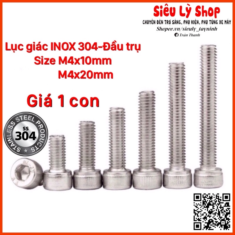 Bulong Ốc lục giác INOX 304 - Size M4 Đầu trụ
