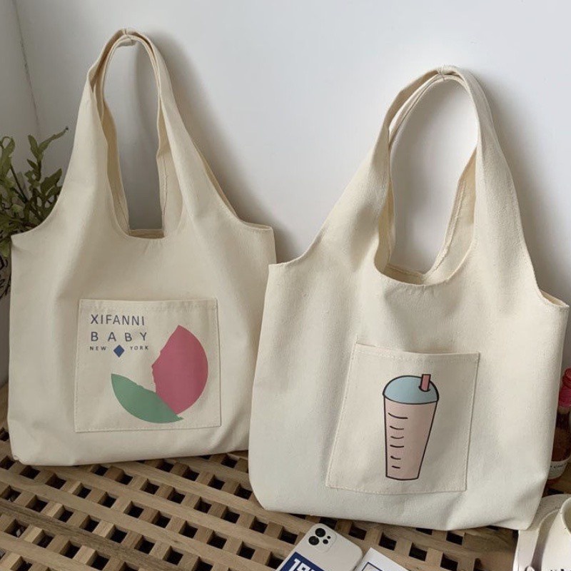 Túi tote HAZIN vải canvas ulzzang unisex họa tiết dễ thương túi vải phong cách Hàn Quốc