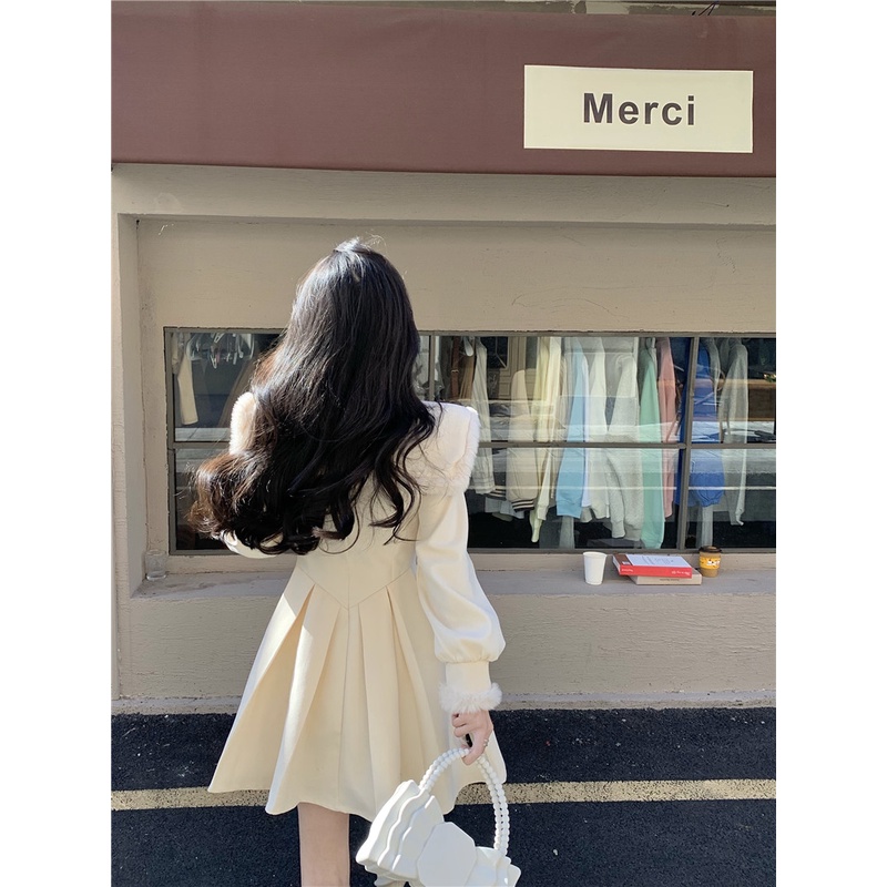 Đầm kem trắng sữa tay dài thủy thủy phối lông bông noel giáng sinh xòe công chúa eo thon ulzzang