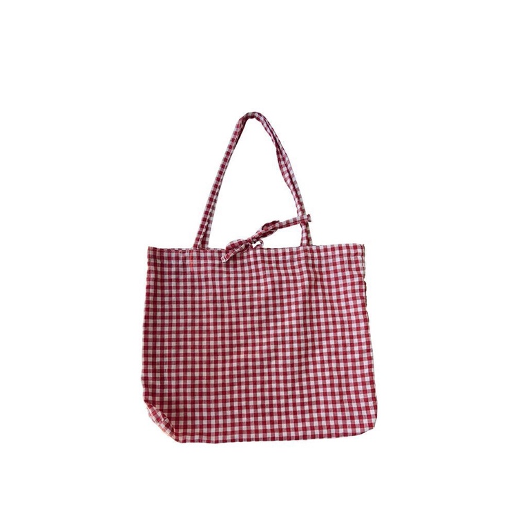 Túi Xách Vải cotton Lanh Phối Ren Kẻ Sọc Caro Phong Cách retro Hàn Quốc Cho Nữ