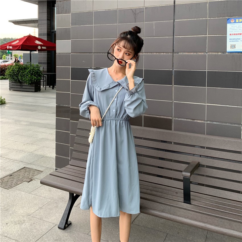 🌸Xả Có Hạn🌸Đầm Xanh Tay Dài Phối Cúc Xinh Xắn Theo Phong Cách Hàn Quốc