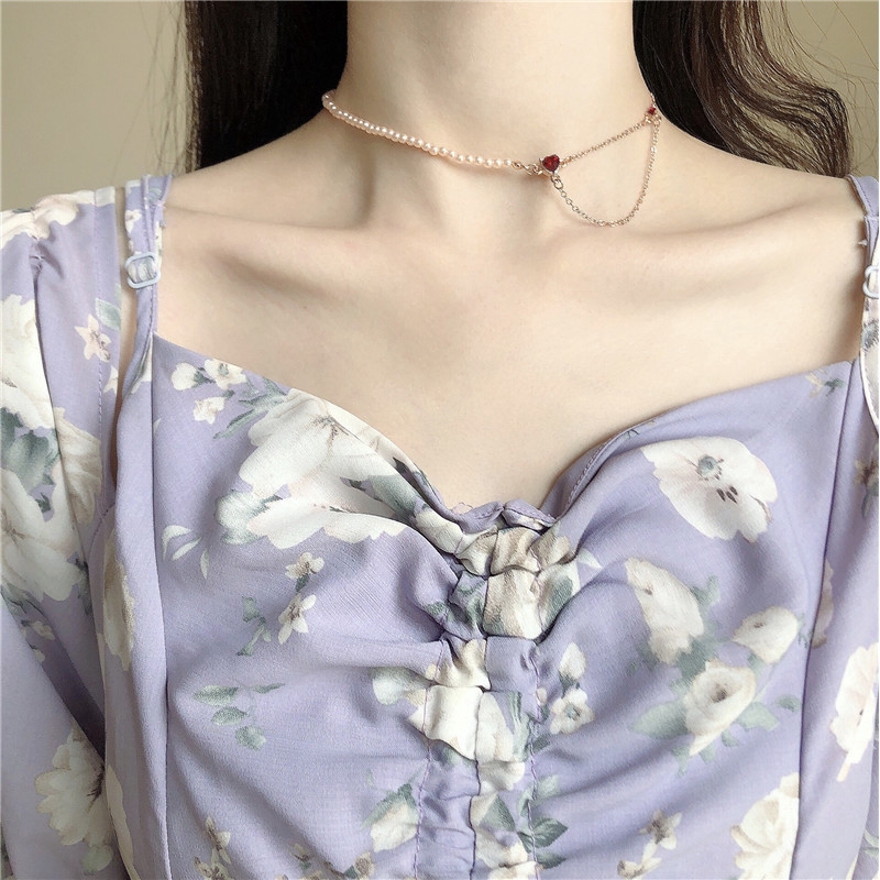 SUXI Dây Chuyền Mặt Trái Tim Đính Ngọc Trai Phong Cách Hàn Quốc