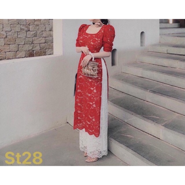 St- set áo dài cách tân ren-còn đỏ