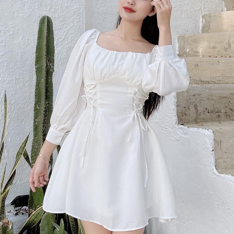 Đầm trắng cổ vuông nhún ngực đan dây eo tay dài