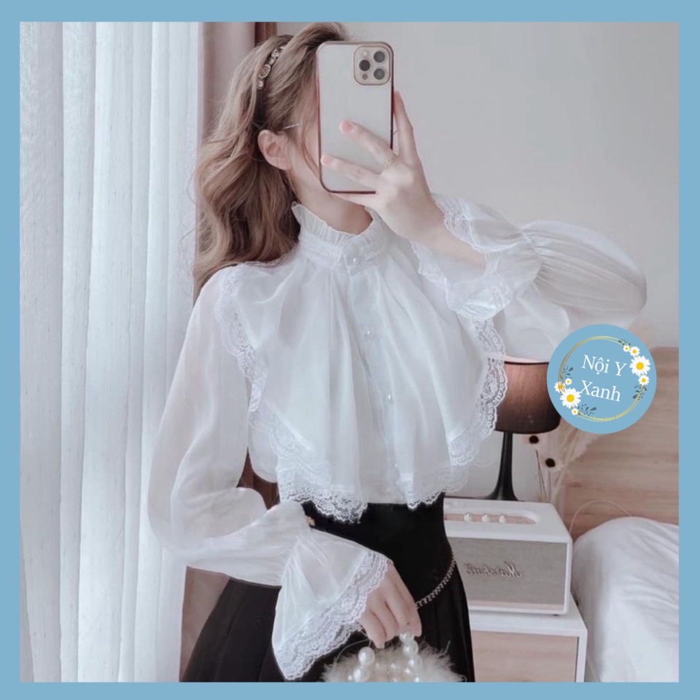 Áo sơ mi tiểu thư 2 lớp diện Tết phối ren_444 mầu trắng, babydoll ulzzang mềm nội y xanh - Hàng nhập khẩu