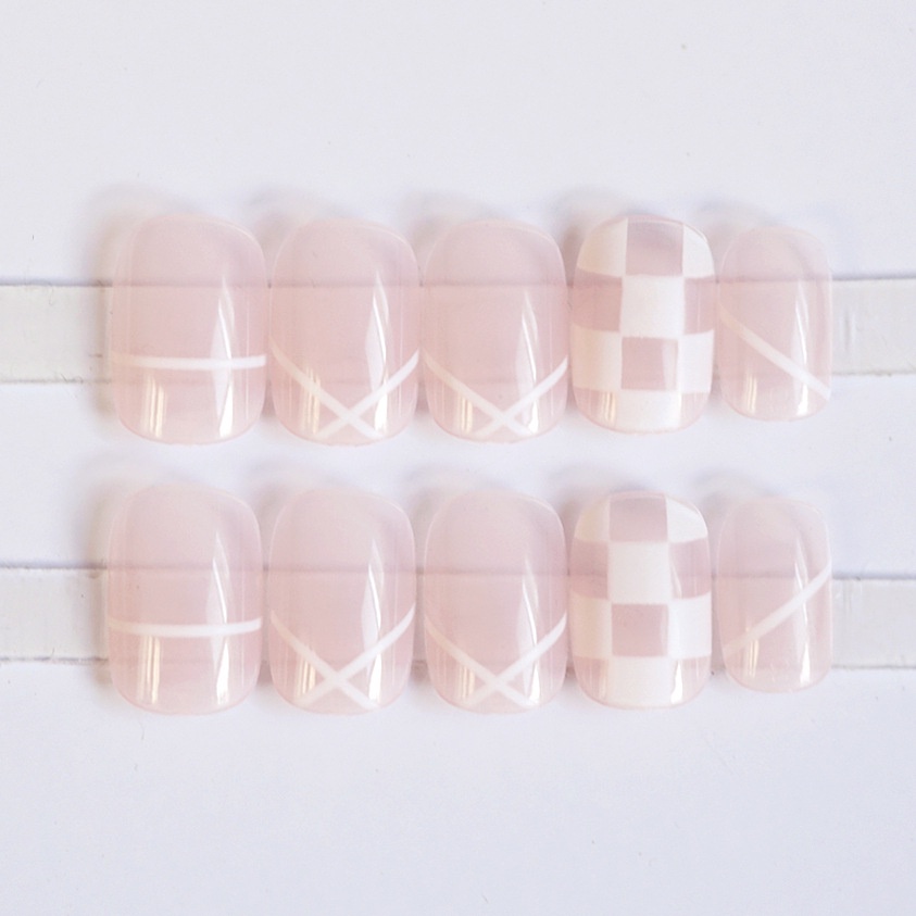 YADORNOS Set 24 móng tay giả họa tiết sọc caro thời trang tiện lợi