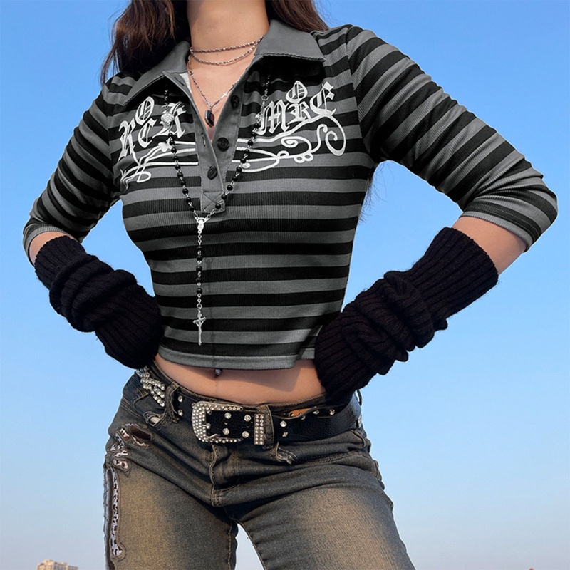 Áo Thun Lửng Cổ V Tay Lỡ Họa Tiết Kẻ Sọc Phong Cách Gothic Harajuku Cho Nữ