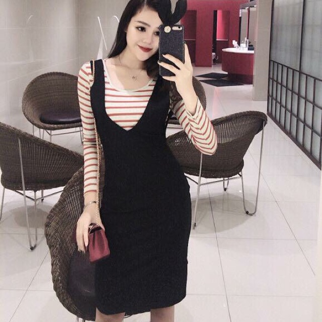 Bộ áo phông kẻ+váy yếm Váy maxi xẻ đùi váy hottrend cá tính cho Nàng dạo phố Váy body Anna Store