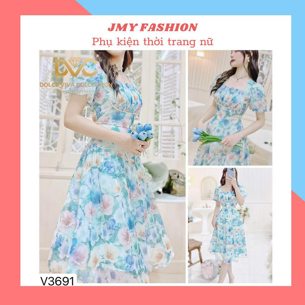 V3691 Váy voan hoa xanh tiểu thư nữ tính  váy hoa nhí xoè cổ vuông đính ngọc