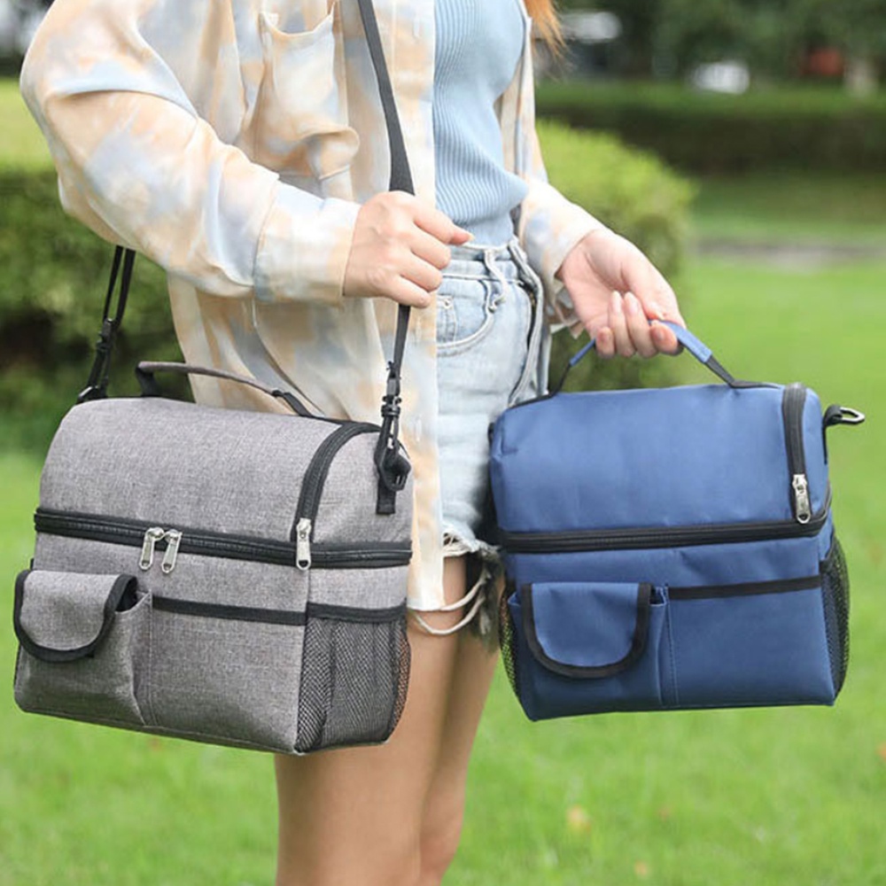 Túi đựng hộp cơm giữ nhiệt, đồ ăn trưa văn phòng, thức ăn đi dã ngoại đa chức năng 2 tầng riêng biệt có dây đeo tiện lợi