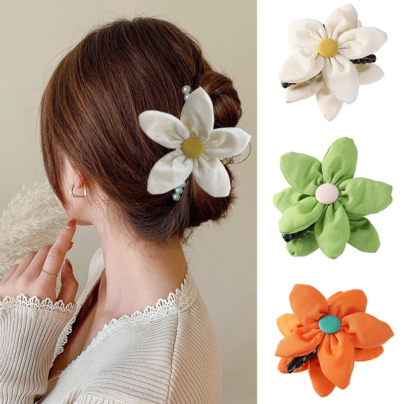 Kẹp tóc HAIMEIKANG đính hoa vải ngọc trai màu trơn dễ thương xinh xắn
