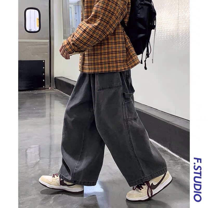 Quần bò jeans ống rộng túi cách điệu cạp chun Ulzzang oversize form rộng hiphop siêu chất