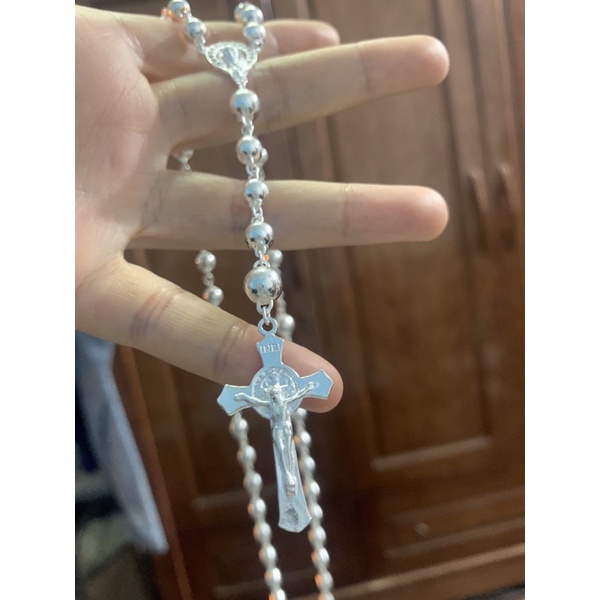 Dây bi to 5-6li trơn liền mặt thánh giá chúa đức mẹ rất dài 60cm bạc ta