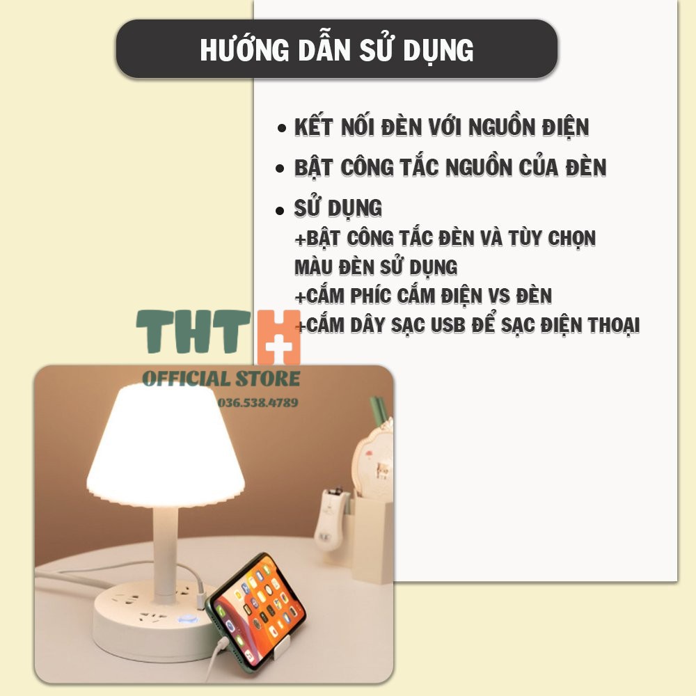 Đèn Ngủ Để Bàn Đa Năng Kiêm Ổ Cắm Sạc USB THTOFFICIAL - 3 Chế Độ Ánh Sáng, Sạc Nhanh, Ổ Chịu Tải 2500W