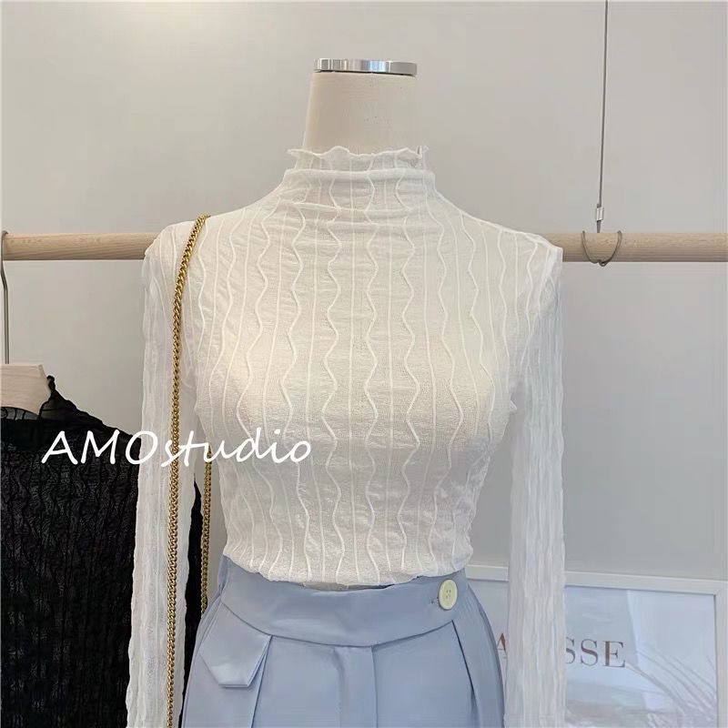 New turtleneck mesh lingerie for ladies in spring and fall sheer lace long-sleeved tops for ladies