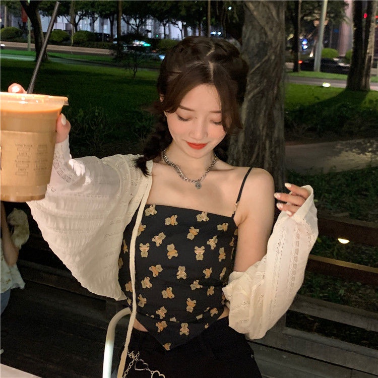 [LININ] Áo Khoác Cardigan Chống Nắng Ôm Dáng Không Tay In Họa Tiết Gấu Phong Cách Hàn Quốc Dễ Thương Mùa Hè Cho Nữ