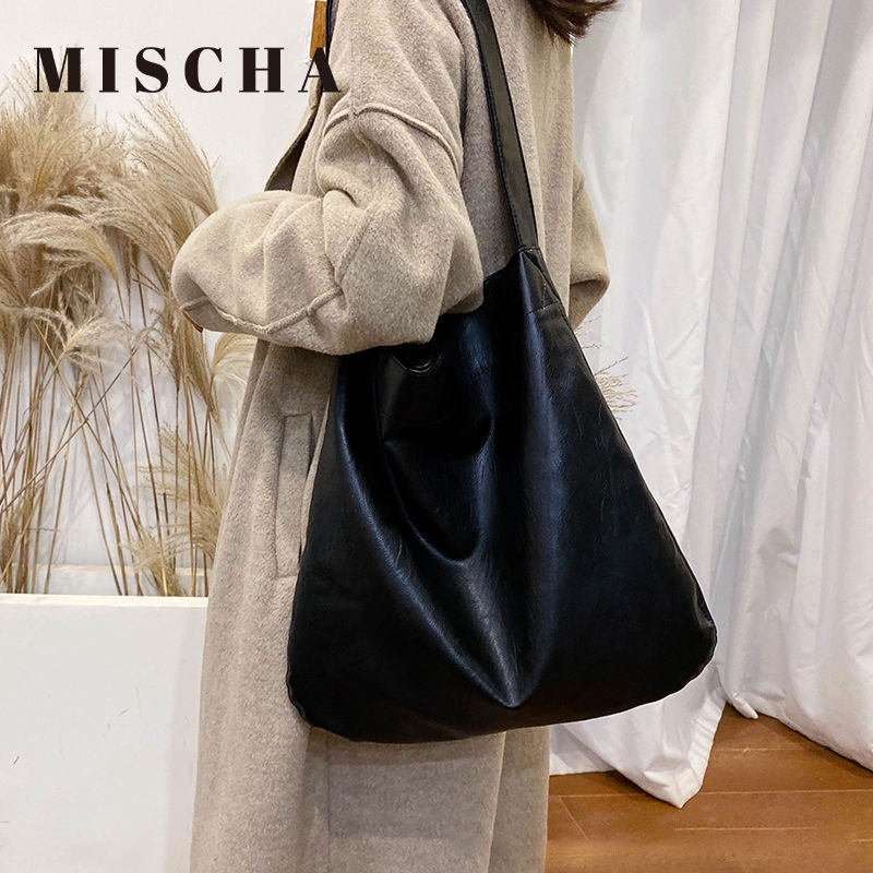 MISCHA Túi Xách Đeo Vai Bằng Da PU Sức Chứa Lớn Màu Trơn Phong Cách Hàn Quốc Thời Trang Cho Nữ