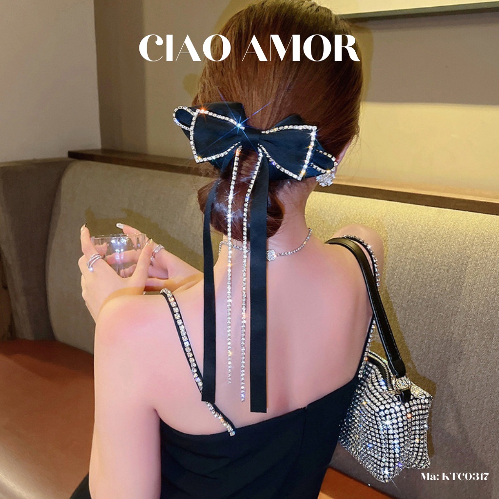 Kẹp tóc nữ, Kẹp nơ lụa nơ đính đá dây dài tiểu thư công chúa Phụ kiện tóc Trang sức Ciao Amor - KTC0317