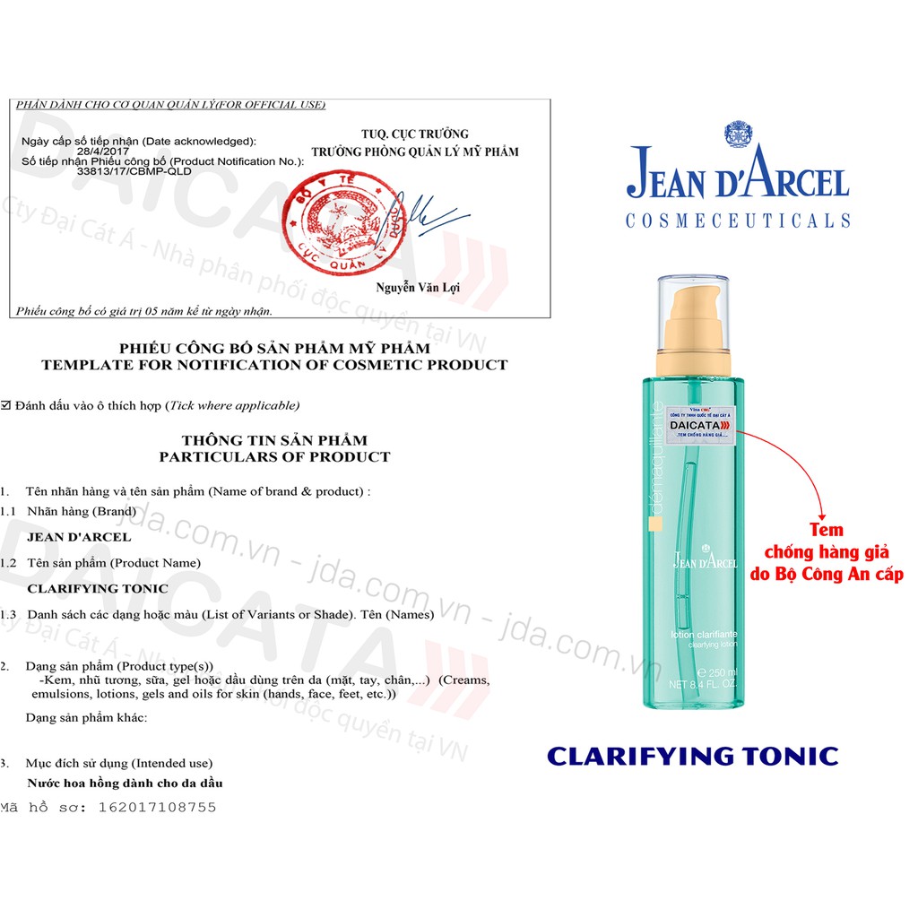 [HÀNG NHẬP KHẨU] Nước Cân Bằng Nước Hoa Hồng Toner Cho Da Dầu Và Da Mụn Jean D’Arcel Clarifying Tonic 250ml và 500ml