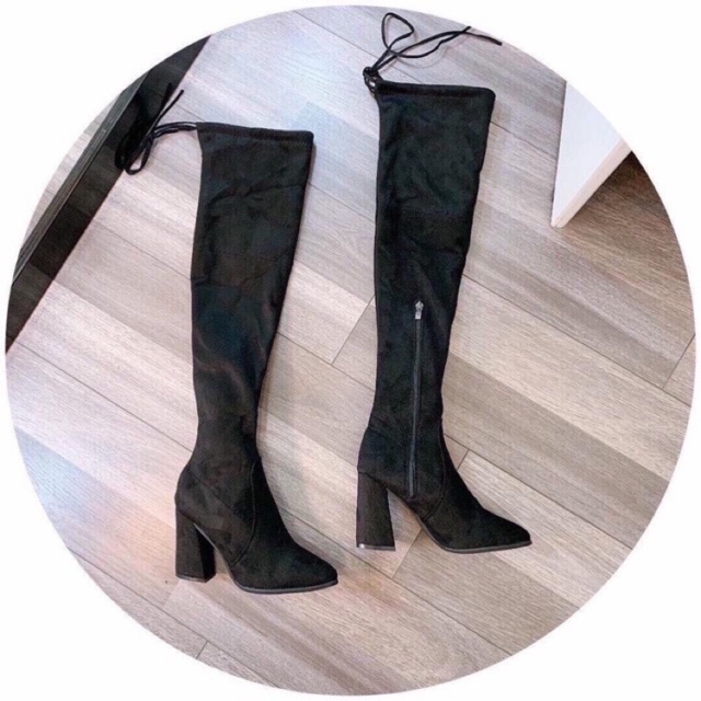 Freeship_Bốt đùi da lộn lót lông khoá cạnh dây sau gót vuông 7 phâncao cấp full box | BigBuy360 - bigbuy360.vn