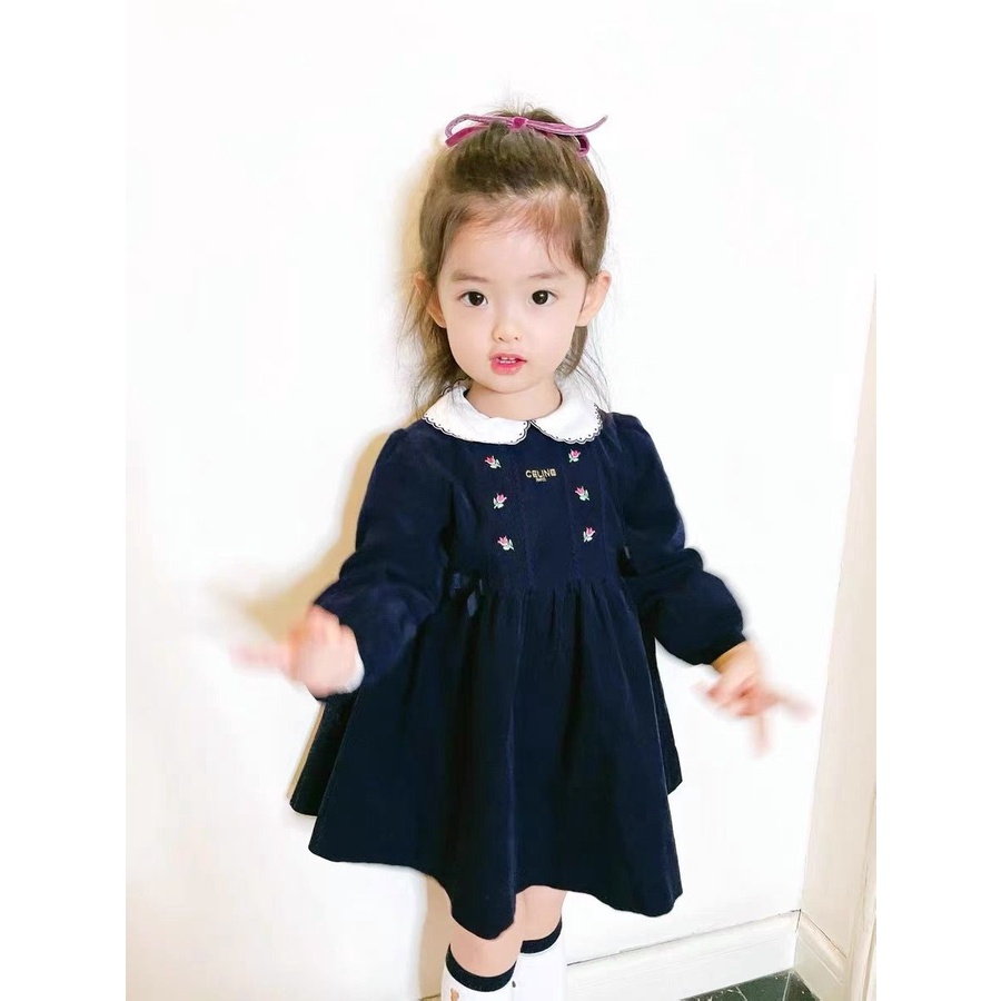 Đầm cổ búp bê màu sắc tương phản phong cách Hàn Quốc thời trang xuân thu cho bé gái