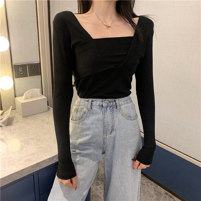 Áo thun tay dài chéo ngực ulzzang / gân cổ vuông QC _ Có ảnh thật