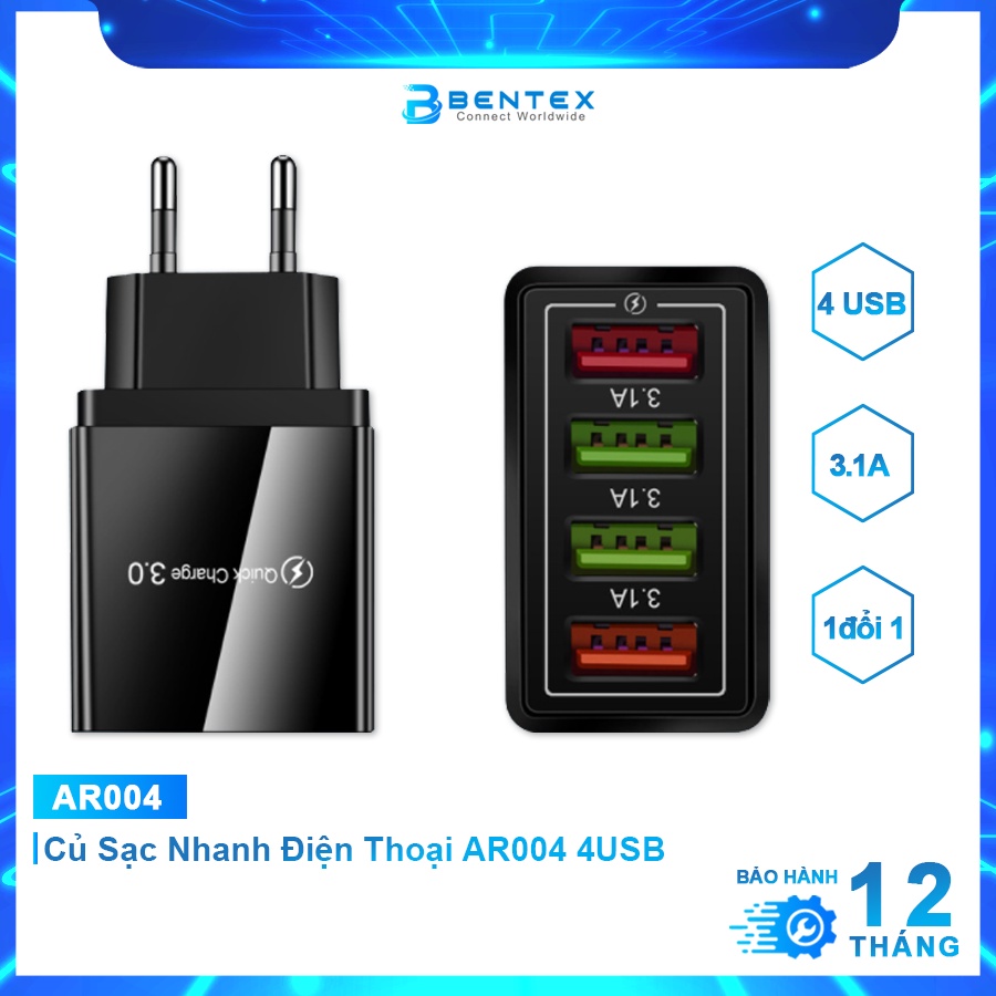 Củ Sạc Nhanh Điện Thoại AR004 4USB LED Tiêu Chuẩn Châu Âu Đốc Sạc Thông Minh An Toàn Cho Mọi Thiết Bị - BENTEX